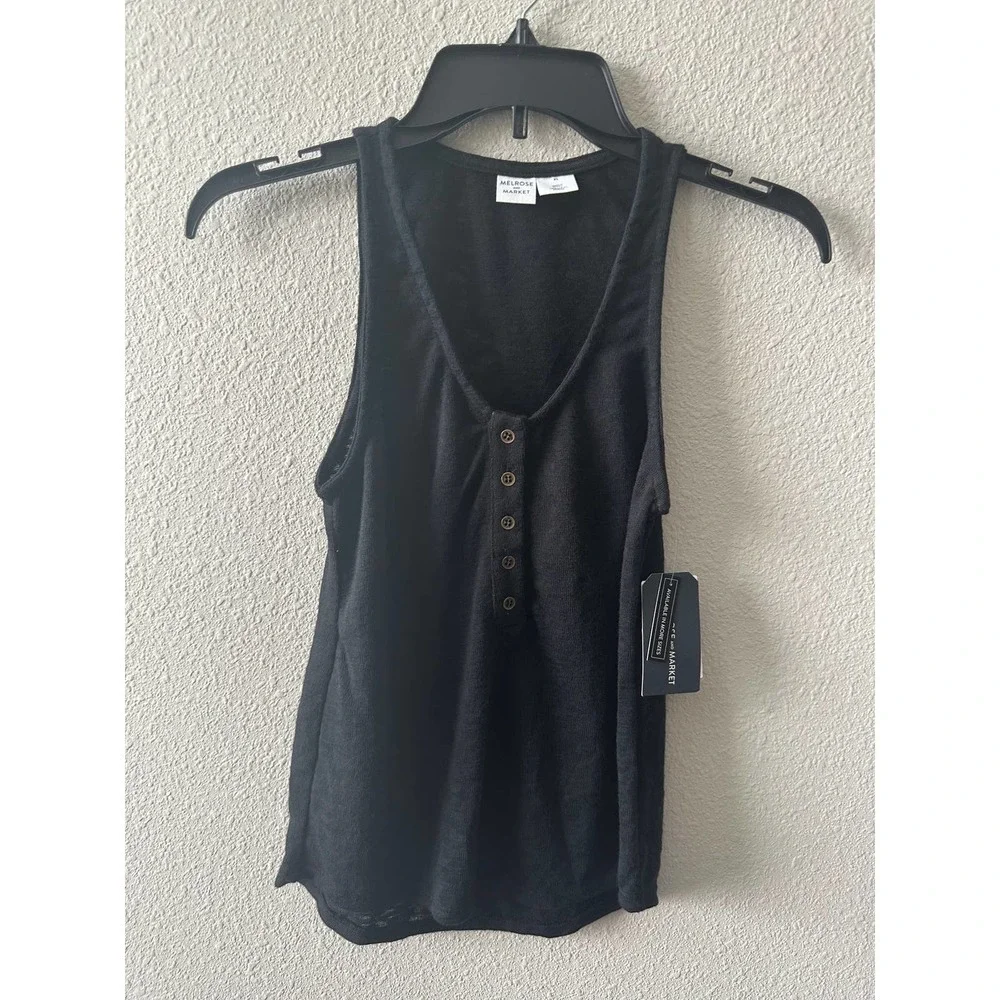 Melrose & Market Women Tank Top Sleeveless V Neck Black Button Front - Picture 9 of 15